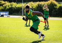 Victor Hugo "Mega", em treino no Mundial de Flag Football 5x5 na Finlândia. Foto: Grasiela Gonzaga